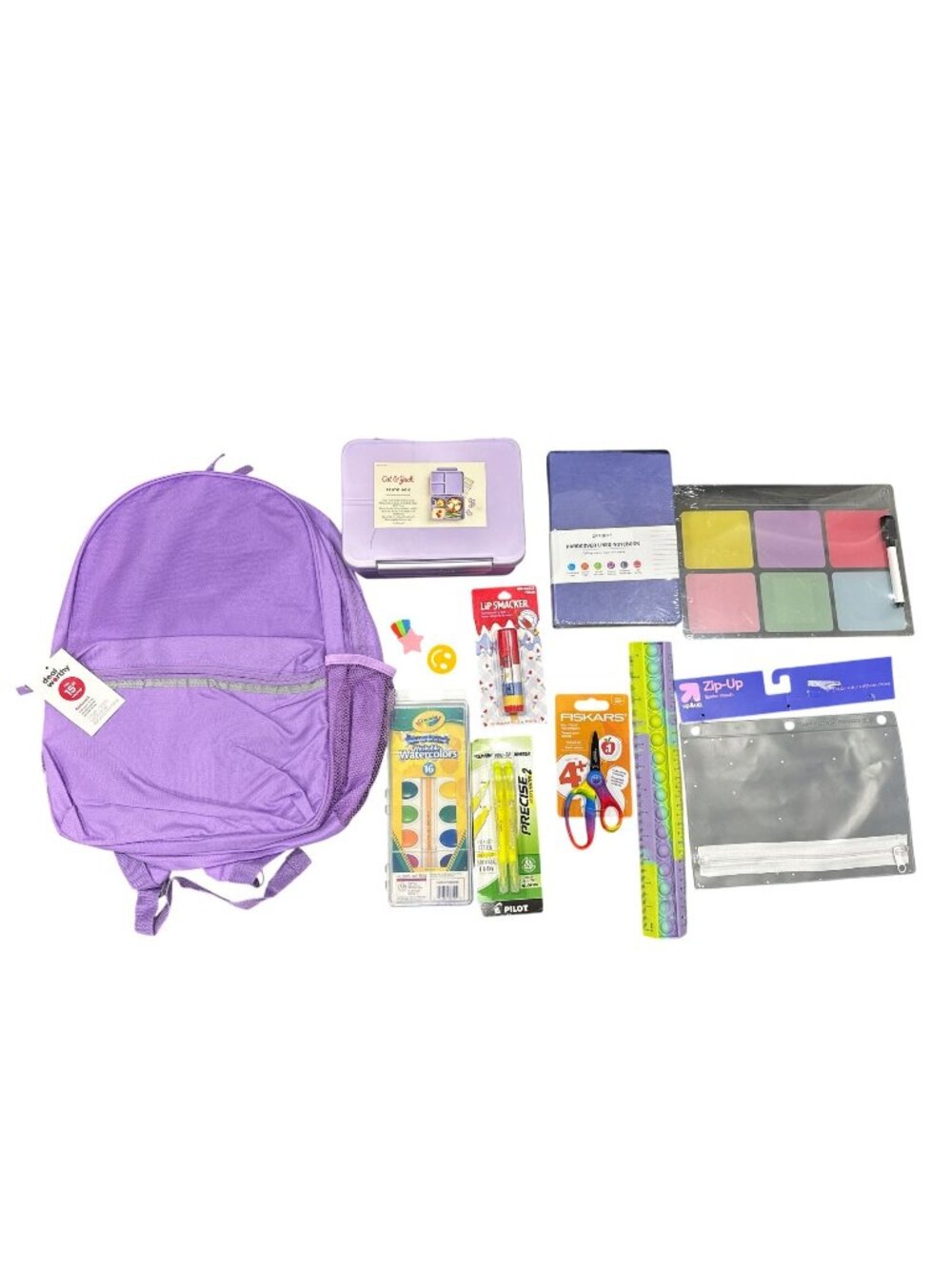 11 pcs. Purple Backpack With Stationery Bundle - Includes Bento Box, Notebook..